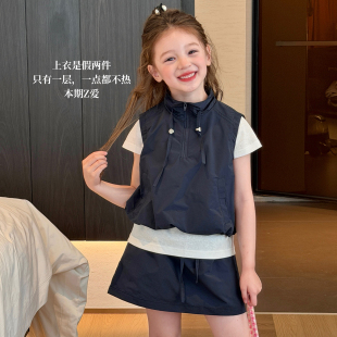 栀了成长记童装女童韩版假两件套装2026夏季儿童上衣半身裙两件套