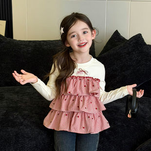 栀了成长记女童装甜美格子拼接长袖上衣2026秋装儿童百搭修身T恤
