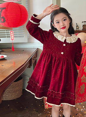 栀了成长记童装女童红色水钻丝绒公主裙冬儿童宝宝裙子加绒连衣裙
