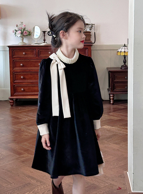 栀了成长记童装女童名媛风黑色加绒连衣裙秋冬2025新款儿童丝绒裙