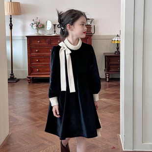 栀了成长记童装 儿童丝绒裙 女童名媛风黑色加绒连衣裙秋冬2025新款