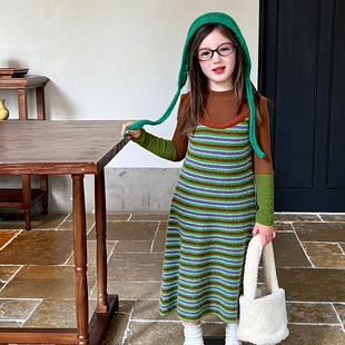 儿童宝宝百搭条纹吊带裙 新款 栀了成长记女童装 时髦针织连衣裙秋季