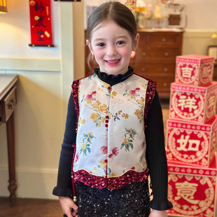 栀了成长记童装女童国风花卉马甲2025冬季儿童新中式夹棉无袖上衣