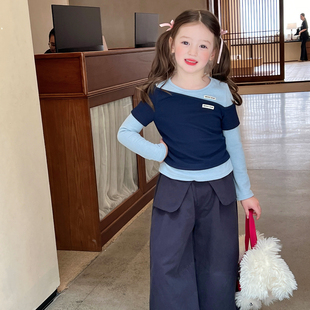 栀了成长记童装女童时髦假两件上衣春季新款儿童女宝百搭长袖T恤