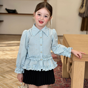 栀了成长记童装女童假两件钉珠衬衫2026春季新款儿童宝宝花边上衣