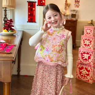 栀了成长记童装女童新中式马甲套装2026春装儿童国风丝绒夹棉上衣