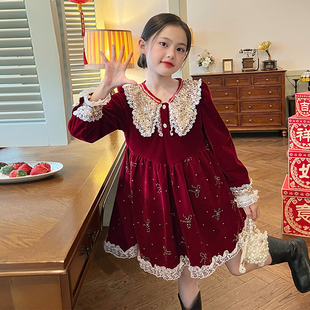 栀了成长记童装女童丝绒亮片连衣裙冬儿童宝宝裙子红色新年公主裙