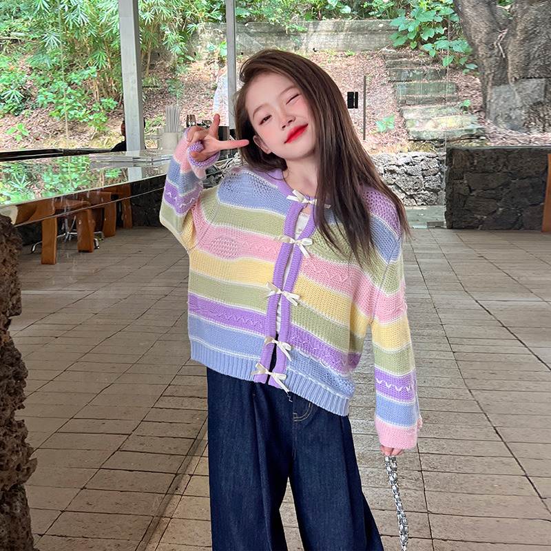 栀了成长记童装女童彩虹薄款针织开衫秋装新款儿童小女孩洋气毛衣