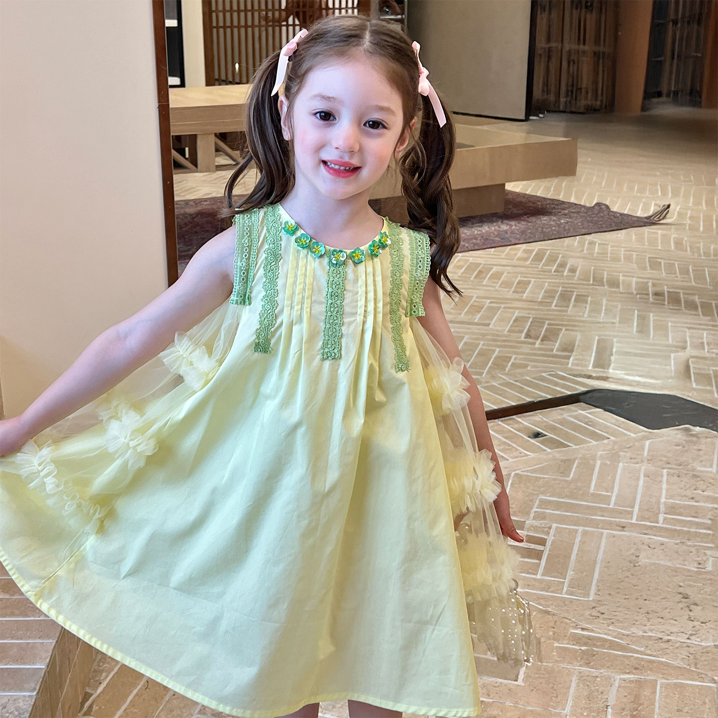 栀了成长记女童装甜美棉质背心裙夏季儿童宝宝无袖网纱拼接连衣裙