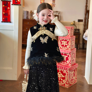 栀了成长记童装女童新中式套装马甲2025冬季儿童国风夹棉刺绣上衣