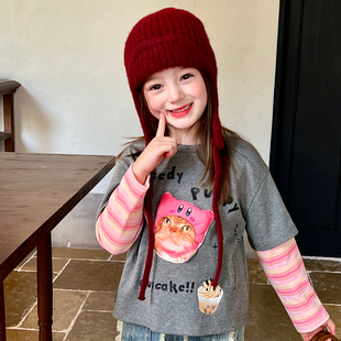 栀了成长记童装 儿童宝宝时髦百搭上衣 女童立体公仔假两件T恤秋季