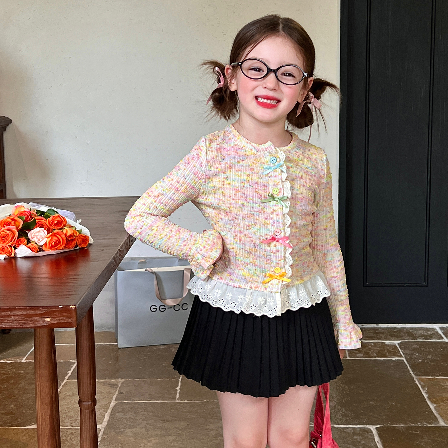 栀了成长记女童装多巴胺针织衫秋季新款儿童宝宝甜美花边长袖上衣