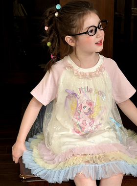 栀了成长记女童装甜美卡通T恤裙2026夏季新款儿童拼接网纱连衣裙