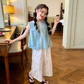 薄款 栀了成长记童装 夏季 衬衫 儿童女宝宝刺绣毛球背心 女童森系无袖