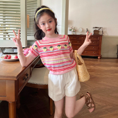 栀了成长记童装 女童粉色短袖 冰丝T恤夏儿童彩虹条纹百搭时髦上衣