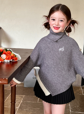 栀了成长记童装女童不规则高领毛衣春季儿童宝宝设计感假两件上衣