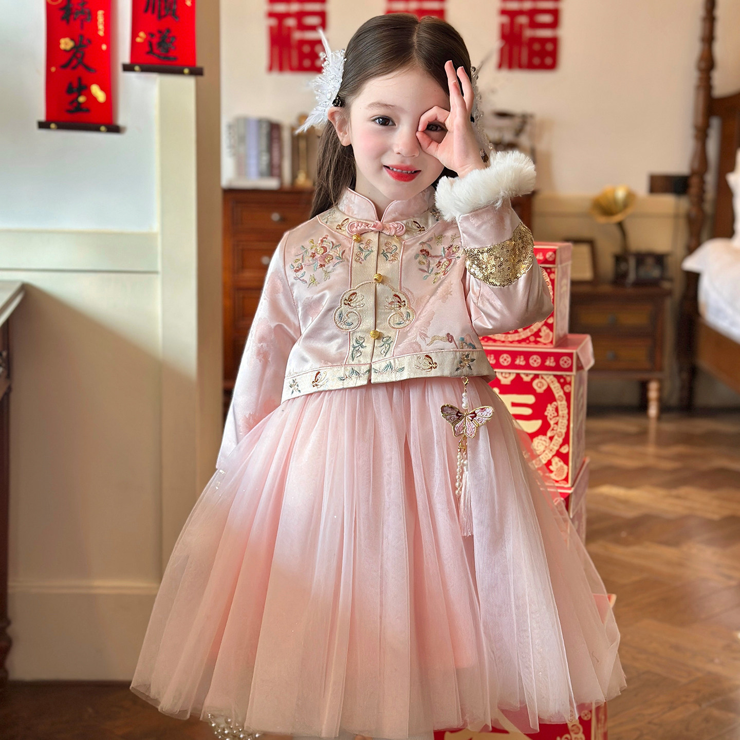 栀了成长记童装女童国风旗袍网纱裙2025冬季儿童新中式加绒连衣裙,童装/婴儿装/亲子装,连衣裙,淘宝优惠券,粉丝福利购,淘宝优惠卷