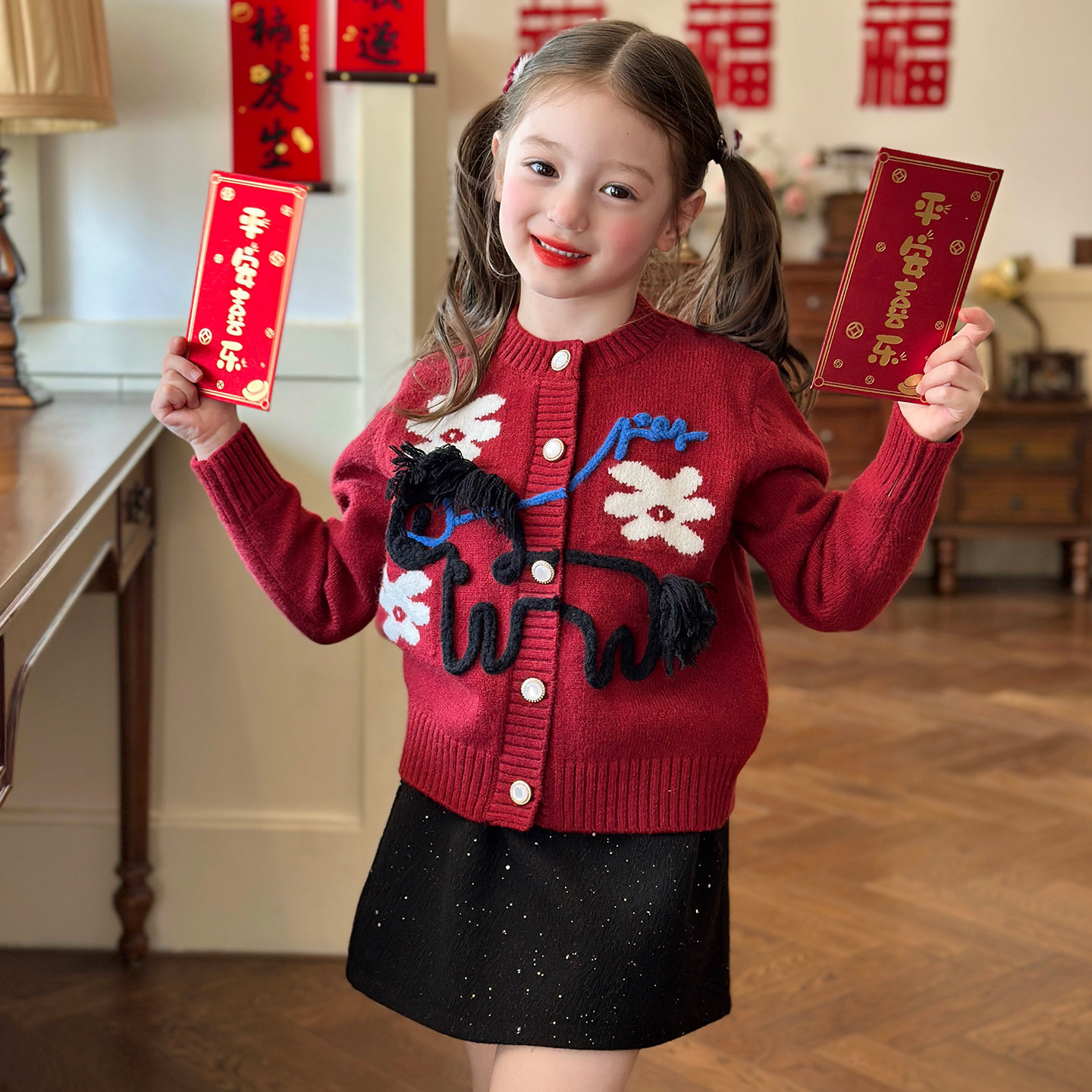 栀了成长记女童装卡通小马童趣毛衣2025冬季儿童新年针织开衫上衣,童装/婴儿装/亲子装,毛衣/针织衫,淘宝优惠券,粉丝福利购,淘宝优惠卷