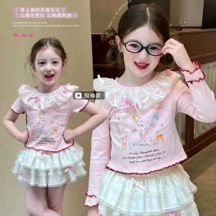 栀了成长记童装女童撞色娃娃领套装夏季儿童宝宝印花T恤蛋糕短裙