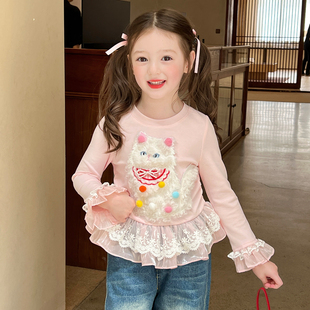 栀了成长记童装女童甜美蕾丝拼接上衣春秋儿童宝宝百搭荷叶边T恤