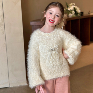 上衣 儿童蝴蝶结针织衫 栀了成长记童装 女童仿貂毛套头毛衣2025冬季