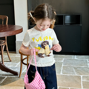 栀了成长记童装女童白色小狗短袖T恤夏季儿童女宝宝百搭体恤上衣