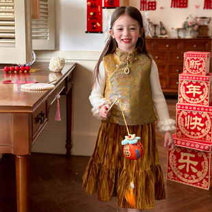 栀了成长记童装女童国风织锦马甲2025冬季儿童新中式唐装夹棉背心