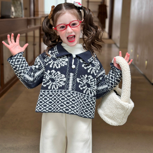 上衣 儿童百搭针织衫 栀了成长记童装 女童撞色翻领提花毛衣2025冬季