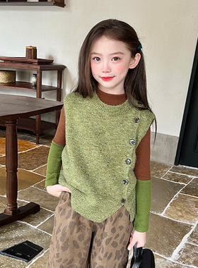 栀了成长记童装女童韩版无袖针织马甲春秋新款儿童百搭时髦背心