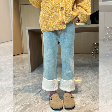栀了成长记女童韩版加绒牛仔裤秋冬儿童宝宝裤子拼接羊羔绒阔腿裤
