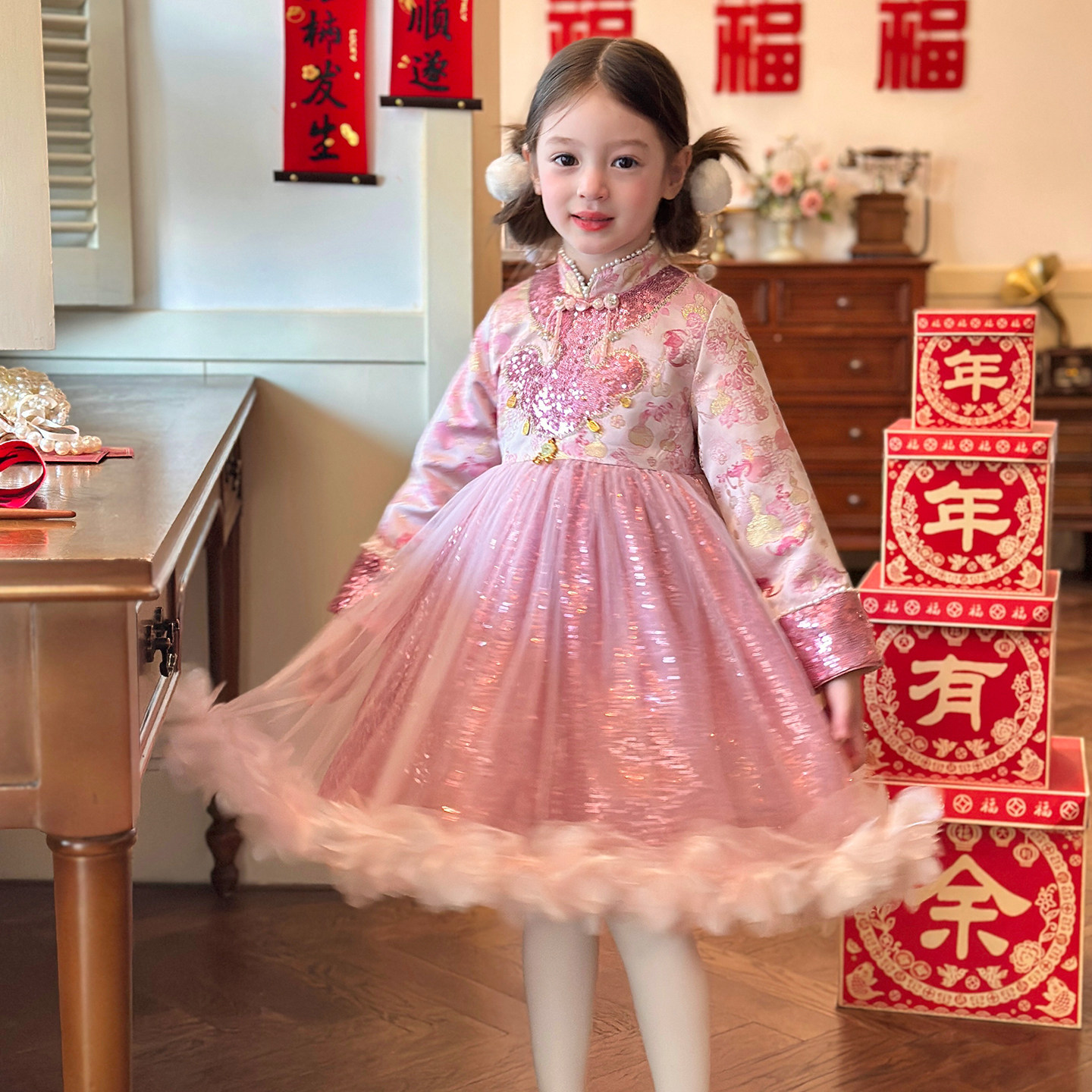 栀了成长记童装女童新中式旗袍网纱裙2025冬季儿童国风加绒连衣裙,童装/婴儿装/亲子装,连衣裙,淘宝优惠券,粉丝福利购,淘宝优惠卷