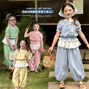 栀了成长记女童装韩版时髦格子套装2026夏季新款儿童田园风两件套