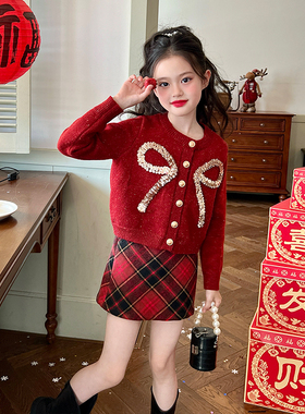 栀了成长记童装女童红色亮片毛衣儿童宝宝毛线衣洋气针织开衫外套