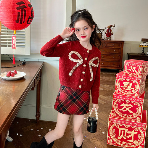 栀了成长记女童红色针织开衫外套