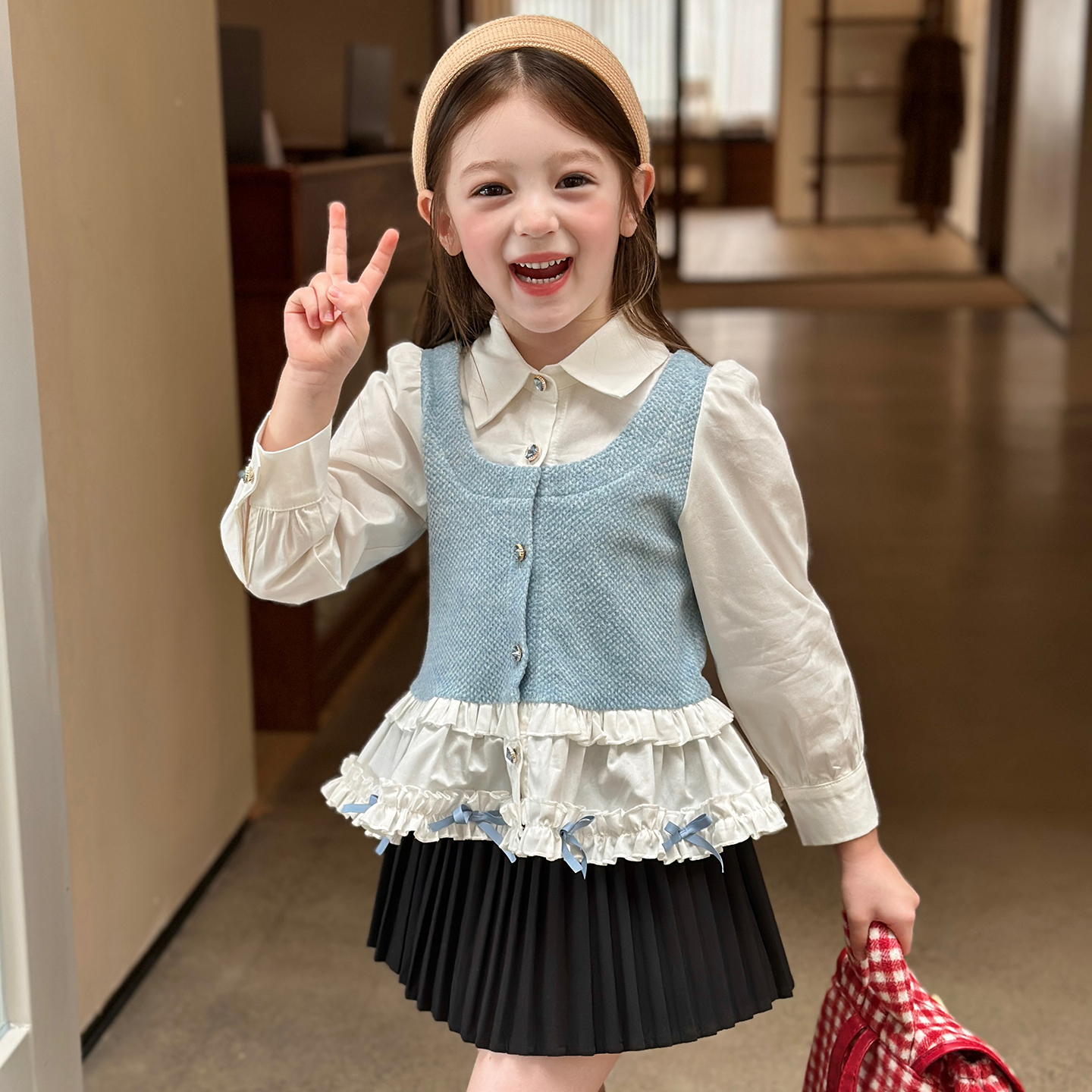 栀了成长记女童装假两件衬衫2025秋季新款儿童宝宝蝴蝶结花边上衣