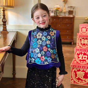 栀了成长记女童装撞色亮片拼接马甲2026春装儿童夹棉丝绒无袖上衣