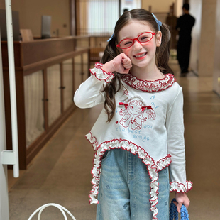 栀了成长记女童装韩版可爱俏皮上衣2026春季儿童撞色花边修身T恤