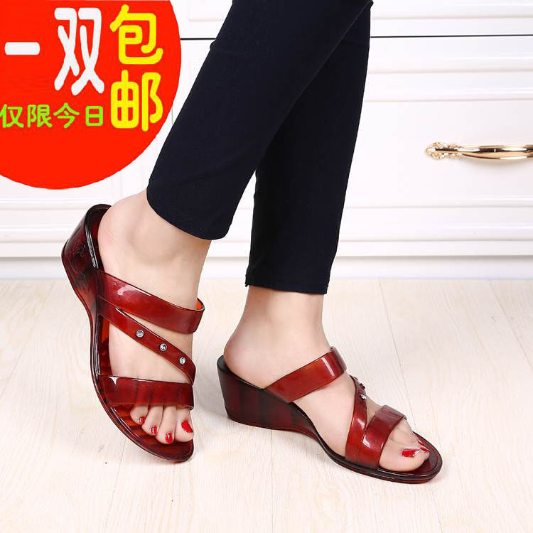 雨天防水坡跟水晶塑料凉拖鞋 女高跟果冻妈妈拖鞋 防水鞋 拖鞋 女