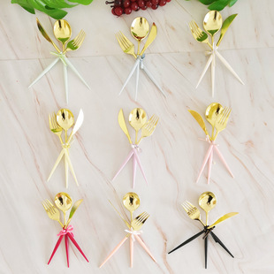 儿童生日派对蛋糕叉子一次性水果西餐刀叉勺自助餐镀金塑料刀叉勺