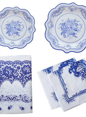 中国风青花瓷元素纸盘野餐餐盘欧式蓝色纸杯纸巾Porcelain Plates