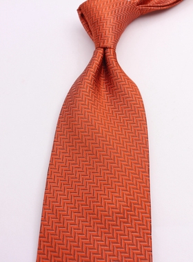 意大利橙色高档人字纹男士商务真丝领带宽版职业正装桔色商务领带