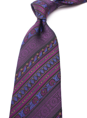 高档英伦绅士复古刺绣桑蚕丝礼盒装男士商务休闲紫色条纹真丝领带