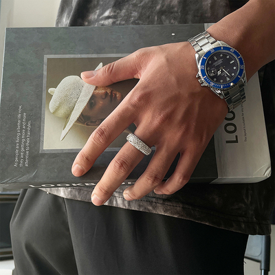 潮牌镶钻古巴戒指男女不掉色时尚