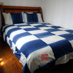 包邮手织布纯棉布料纯植物蓝靛古法染色方格四件套床品冬暖夏凉