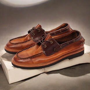 经典美式复古软底帆船鞋男士真皮手工夏季透气植鞣软皮休闲乐福鞋