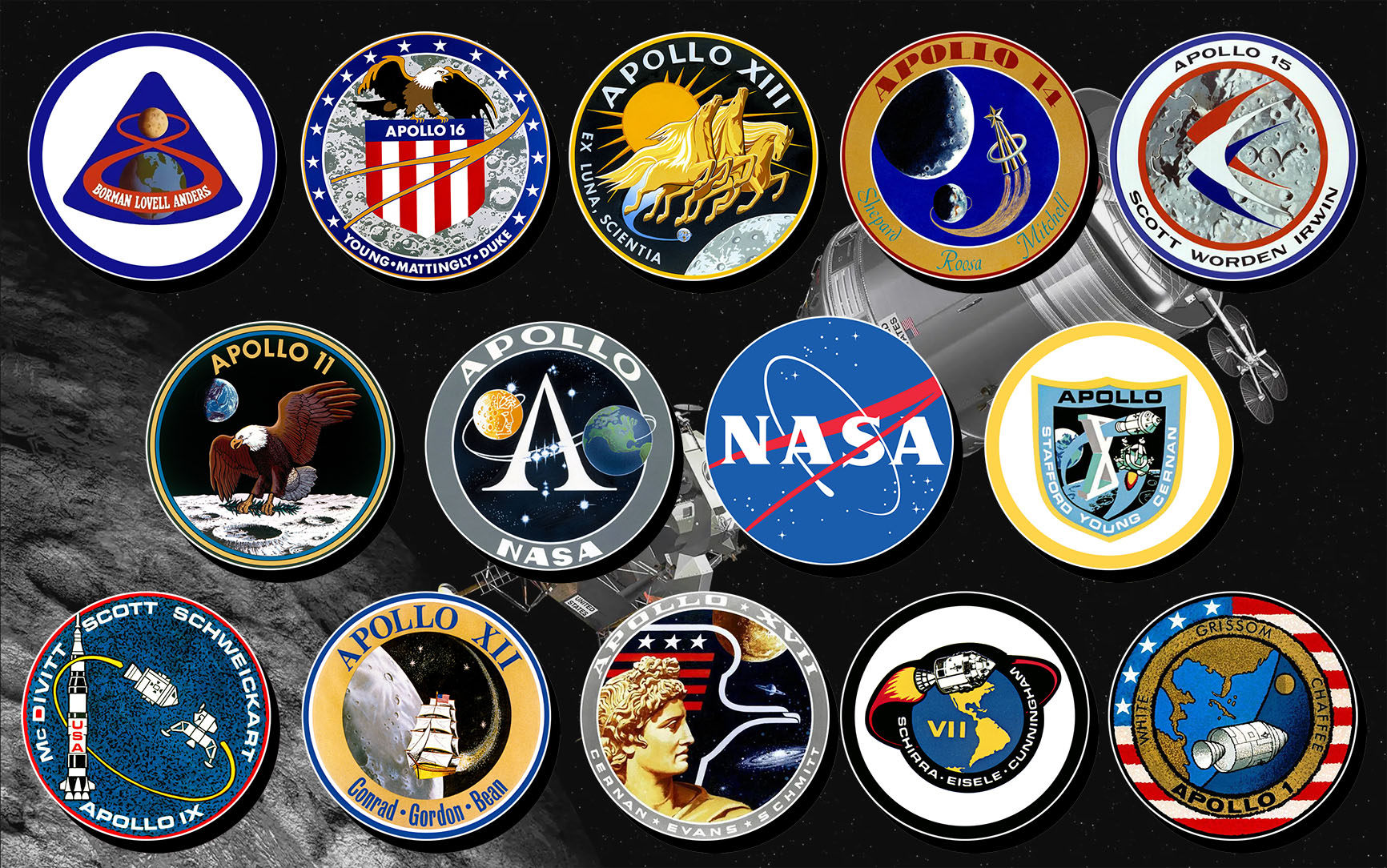 航天周边 美国阿波罗登月计划任务标识14枚 别针徽章胸章冰箱贴