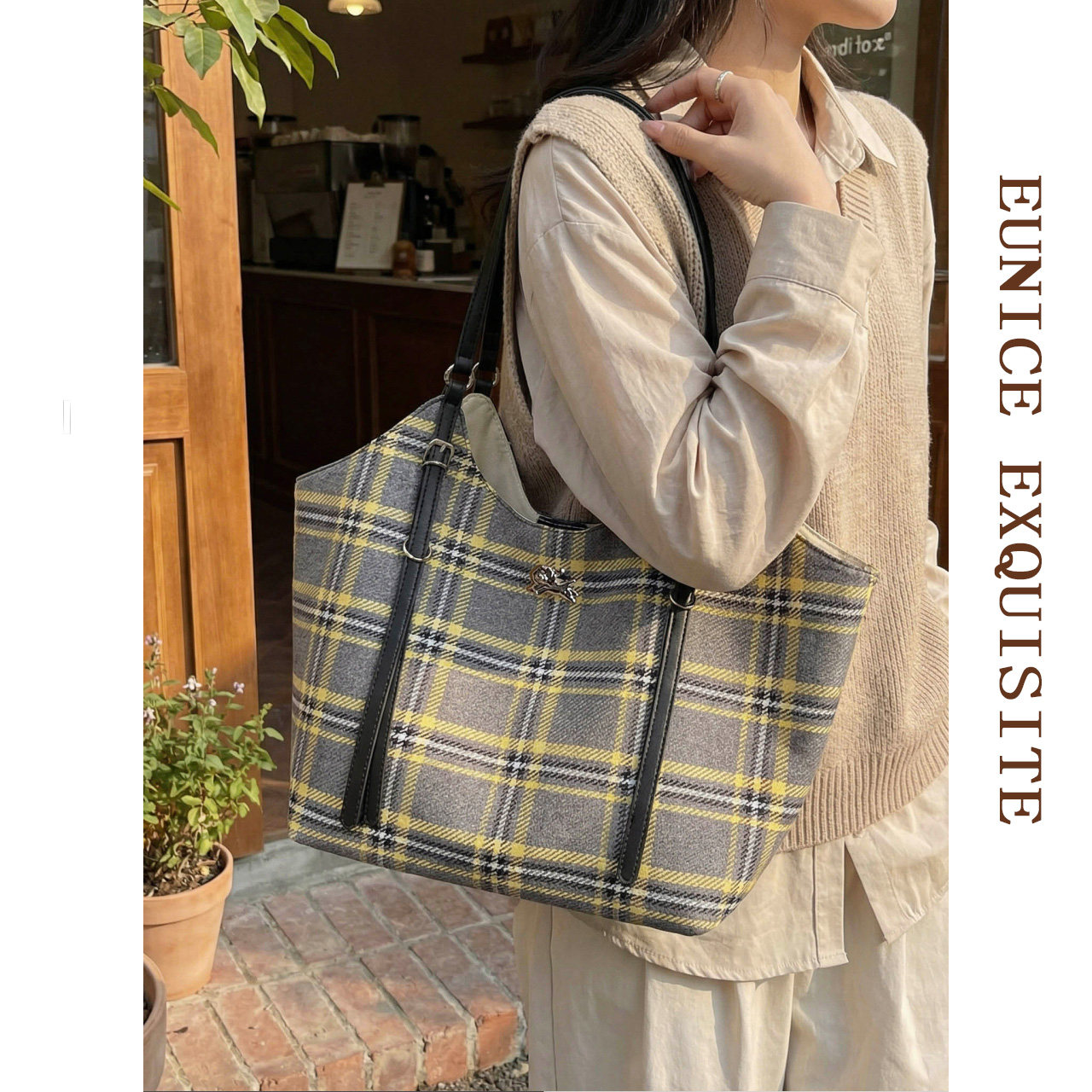 大容量格子托特包包女款松弛感日常百搭腋下包休闲通勤单肩手提包