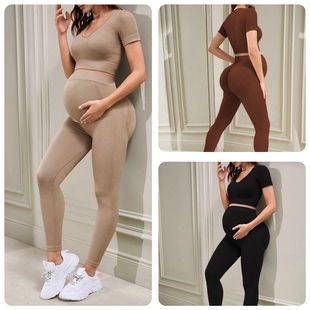 打底外穿提臀健身套装 春秋辣妈孕妇套装 女紧身舒适瑜伽服托腹裤