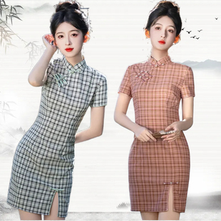 中式改良时尚少女格子绣花珍珠扣弹力棉2025新款苏州小个子旗袍裙