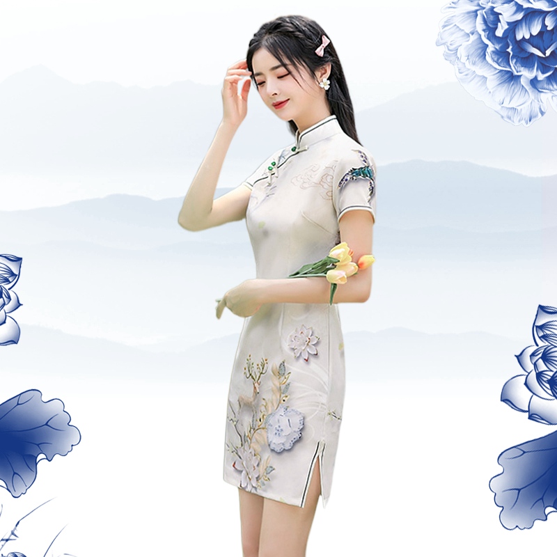 中国风文艺优雅短款少女连衣裙2025新款苏州仿真丝改良小个子旗袍